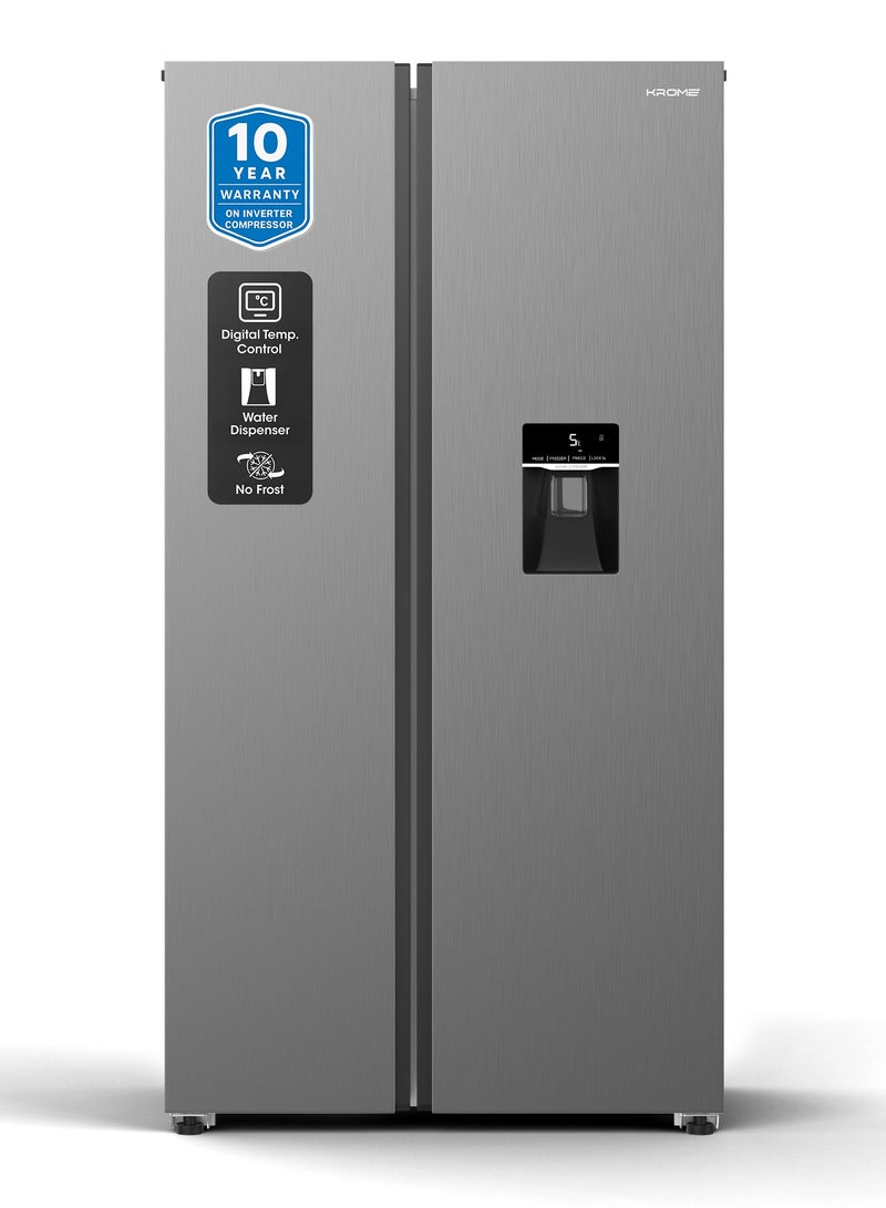Krome 560L Gross/529L Net Capacity, Side-by-Side Refrigerator, Inverter Compressor, Total No Frost, External LED Display, Water Dispenser, Ice Twister, Crisper Drawer, Fast Freeze & Cooling, Door Alarm, Inox Finish KR-SBS701WIH Inox - Image 1