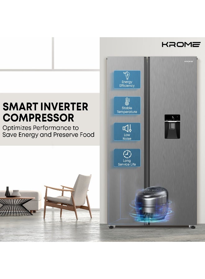 Krome 560L Gross/529L Net Capacity, Side-by-Side Refrigerator, Inverter Compressor, Total No Frost, External LED Display, Water Dispenser, Ice Twister, Crisper Drawer, Fast Freeze & Cooling, Door Alarm, Inox Finish KR-SBS701WIH Inox - Image 3