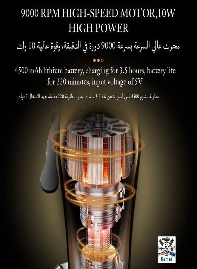 كيمي KM-1691 ماكينة حلاقة شعر احترافية قابلة لإعادة الشحن - قطع دقيق وأداء عالي، محرك قوي 9000 دورة في الدقيقة، بطارية 4500 مللي أمبير، سرعة دوران قابلة للتعديل (الإصدار السعودي) - Image 3