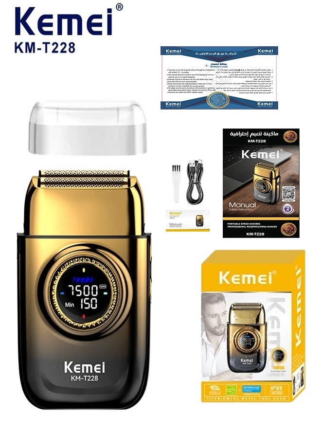 Kemei Metal Beard Trimmer, Reciprocating Dual Blade Trimmer Light, High-quality design, Multi-speed adjustment, High power, High speed, No residue, Double blade head, LED display, USB charging, Stainless steel, 1400mAh lithium battery,90 minutes battery life, High-quality gold aluminum alloy, High speed, Non-washable cleaning method from Kemei KM-T228 (Saudi version) - Image 1