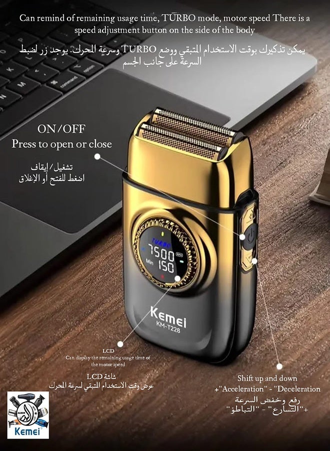 Kemei Metal Beard Trimmer, Reciprocating Dual Blade Trimmer Light, High-quality design, Multi-speed adjustment, High power, High speed, No residue, Double blade head, LED display, USB charging, Stainless steel, 1400mAh lithium battery,90 minutes battery life, High-quality gold aluminum alloy, High speed, Non-washable cleaning method from Kemei KM-T228 (Saudi version) - Image 5