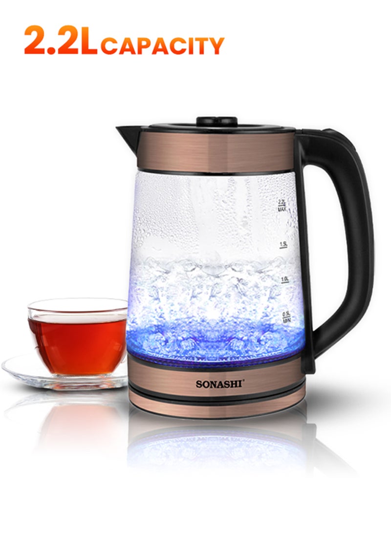 سوناشي غلاية زجاجية لاسلكية سعة 2.2 لتر مع غطاء قفل أمان | 1500 واط | قاعدة دوارة 360 درجة - إيقاف تشغيل تلقائي، ضوء مؤشر تشغيل/إيقاف التشغيل | غلاية مياه فورية وصانع شاي | SKT-1809 ذهبية وردية - Image 1