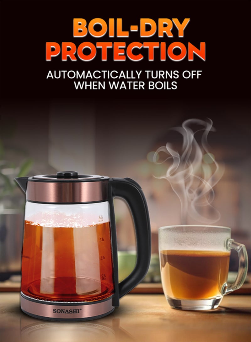 سوناشي غلاية زجاجية لاسلكية سعة 2.2 لتر مع غطاء قفل أمان | 1500 واط | قاعدة دوارة 360 درجة - إيقاف تشغيل تلقائي، ضوء مؤشر تشغيل/إيقاف التشغيل | غلاية مياه فورية وصانع شاي | SKT-1809 ذهبية وردية - Image 4