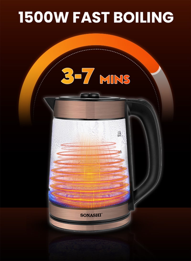 سوناشي غلاية زجاجية لاسلكية سعة 2.2 لتر مع غطاء قفل أمان | 1500 واط | قاعدة دوارة 360 درجة - إيقاف تشغيل تلقائي، ضوء مؤشر تشغيل/إيقاف التشغيل | غلاية مياه فورية وصانع شاي | SKT-1809 ذهبية وردية - Image 3