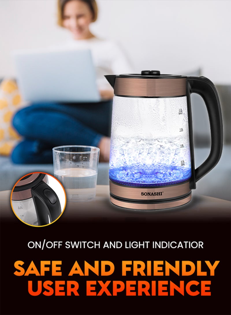 سوناشي غلاية زجاجية لاسلكية سعة 2.2 لتر مع غطاء قفل أمان | 1500 واط | قاعدة دوارة 360 درجة - إيقاف تشغيل تلقائي، ضوء مؤشر تشغيل/إيقاف التشغيل | غلاية مياه فورية وصانع شاي | SKT-1809 ذهبية وردية - Image 5