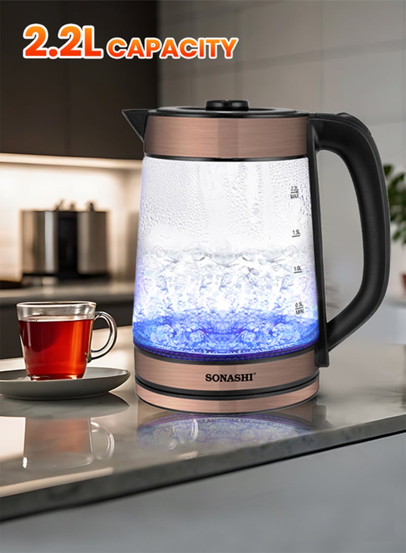 سوناشي غلاية زجاجية لاسلكية سعة 2.2 لتر مع غطاء قفل أمان | 1500 واط | قاعدة دوارة 360 درجة - إيقاف تشغيل تلقائي، ضوء مؤشر تشغيل/إيقاف التشغيل | غلاية مياه فورية وصانع شاي | SKT-1809 ذهبية وردية - Image 2