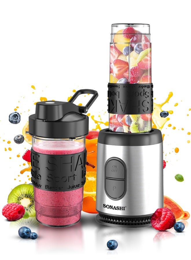 SONASHI Portable Sports Blender | 500 W | with non Slip Grip Sports Bottle | 400 ML + 570 ML | One-Touch Button Smoothie Maker with 1 x 400ML, 1 x 570ML Sports Bottle, Stainless Steel Housing |  Kitchen Appliance SB-184 Black/Silver/Clear 570 ml 500 W SB-184N Black/Silver - Image 1