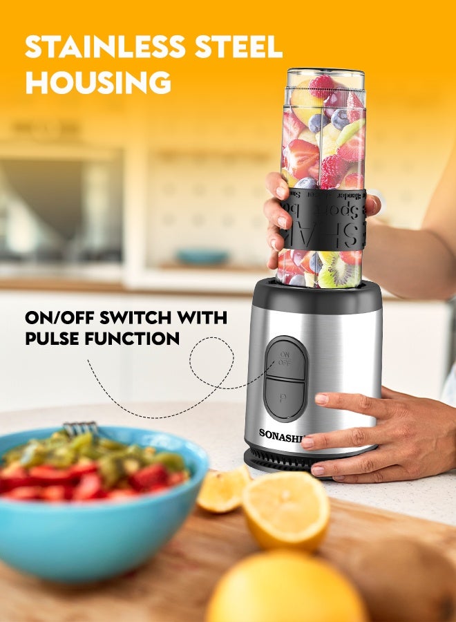 SONASHI Portable Sports Blender | 500 W | with non Slip Grip Sports Bottle | 400 ML + 570 ML | One-Touch Button Smoothie Maker with 1 x 400ML, 1 x 570ML Sports Bottle, Stainless Steel Housing |  Kitchen Appliance SB-184 Black/Silver/Clear 570 ml 500 W SB-184N Black/Silver - Image 2