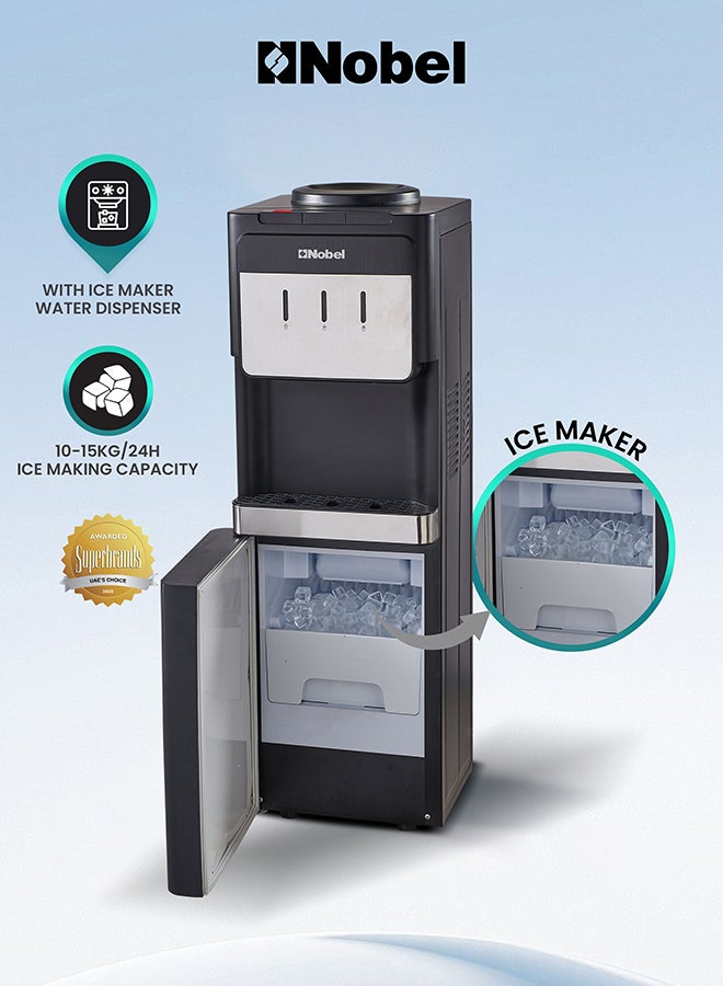 نوبل موزع مياه نوبل مع صانع ثلج، 3 صنابير للمياه الساخنة والعادية والباردة، خزان من الفولاذ المقاوم للصدأ، قفل للأطفال، 10-15 كجم ثلج/يوم، طاقة 700 واط – NWD900IM - Image 1