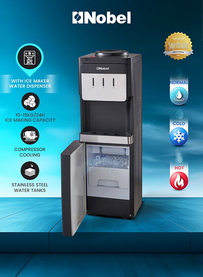 نوبل موزع مياه نوبل مع صانع ثلج، 3 صنابير للمياه الساخنة والعادية والباردة، خزان من الفولاذ المقاوم للصدأ، قفل للأطفال، 10-15 كجم ثلج/يوم، طاقة 700 واط – NWD900IM - Image 2
