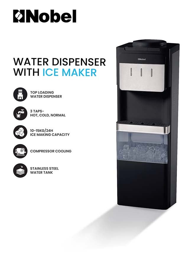 Nobel Water Dispenser with Ice Maker, 3 Taps Hot Normal Cold, Stainless Steel Tank, Child Lock, 10-15kg Ice/Day, 700W Power – (1 Year Warranty) NWD900IM black - Image 1