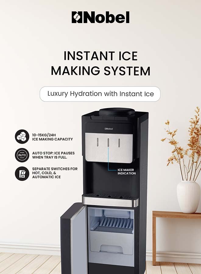 Nobel Water Dispenser with Ice Maker, 3 Taps Hot Normal Cold, Stainless Steel Tank, Child Lock, 10-15kg Ice/Day, 700W Power – (1 Year Warranty) NWD900IM black - Image 2
