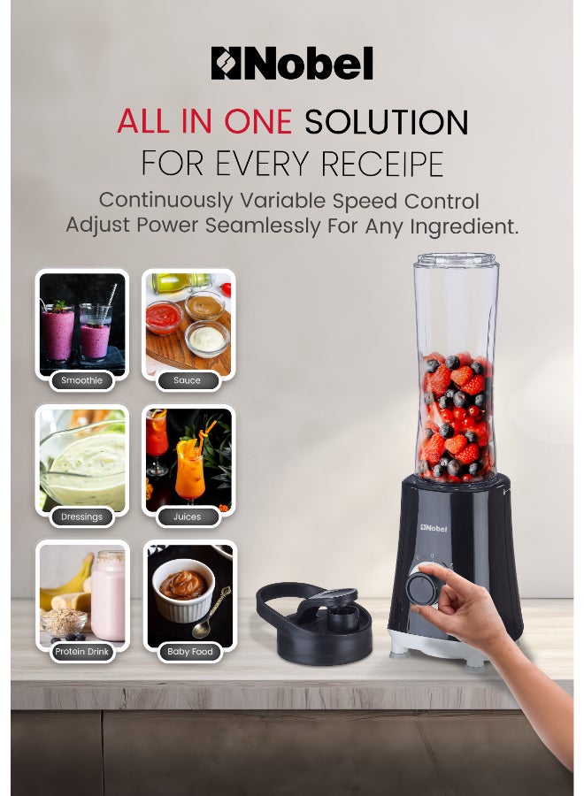 نوبل خلاط رياضي / صانع سموزي، كوب محمول سعة 600 مل، محرك 300 واط، سرعتين + نبض، شفرات من الفولاذ المقاوم للصدأ للثلج والفواكه المجمدة - Image 2
