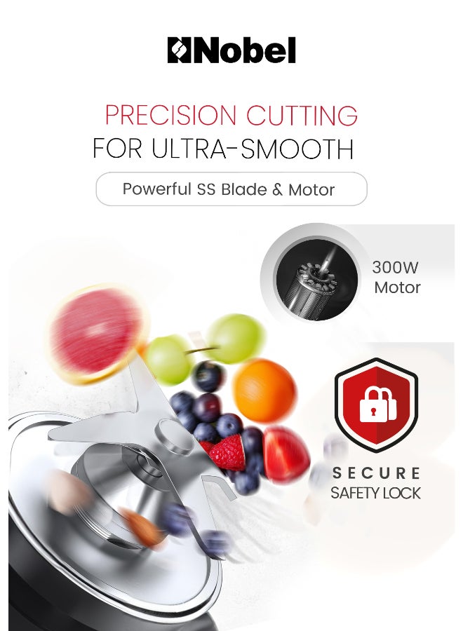 نوبل خلاط رياضي / صانع سموزي، كوب محمول سعة 600 مل، محرك 300 واط، سرعتين + نبض، شفرات من الفولاذ المقاوم للصدأ للثلج والفواكه المجمدة - Image 5