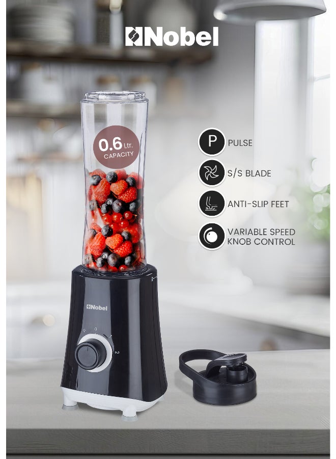 نوبل خلاط رياضي / صانع سموزي، كوب محمول سعة 600 مل، محرك 300 واط، سرعتين + نبض، شفرات من الفولاذ المقاوم للصدأ للثلج والفواكه المجمدة - Image 1