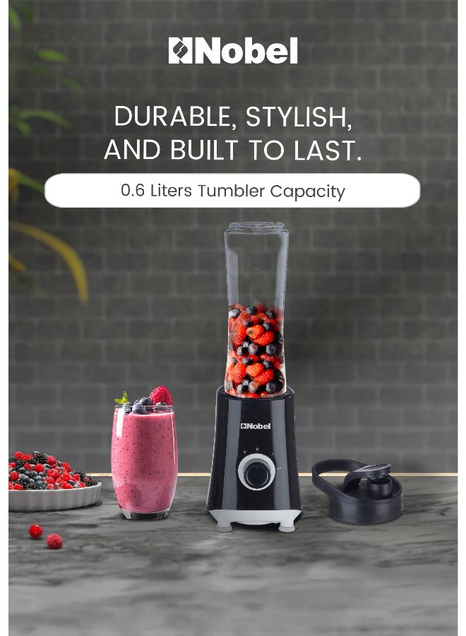 نوبل خلاط رياضي / صانع سموزي، كوب محمول سعة 600 مل، محرك 300 واط، سرعتين + نبض، شفرات من الفولاذ المقاوم للصدأ للثلج والفواكه المجمدة - Image 3