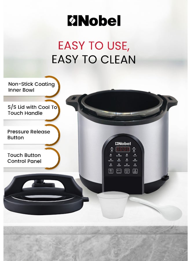 نوبل طباخ ضغط كهربائي نوبل 6 لتر، 1000 واط متعدد الوظائف | غطاء وغطاء من الفولاذ المقاوم للصدأ، وعاء من الألمنيوم غير لاصق، لوحة تحكم باللمس، ميزات أمان متعددة | 220-240 فولت - NPC650 - Image 5