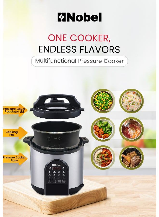نوبل طباخ ضغط كهربائي نوبل 6 لتر، 1000 واط متعدد الوظائف | غطاء وغطاء من الفولاذ المقاوم للصدأ، وعاء من الألمنيوم غير لاصق، لوحة تحكم باللمس، ميزات أمان متعددة | 220-240 فولت - NPC650 - Image 3