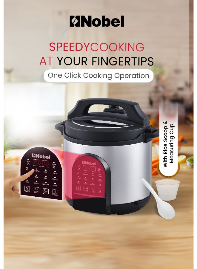 نوبل طباخ ضغط كهربائي نوبل 6 لتر، 1000 واط متعدد الوظائف | غطاء وغطاء من الفولاذ المقاوم للصدأ، وعاء من الألمنيوم غير لاصق، لوحة تحكم باللمس، ميزات أمان متعددة | 220-240 فولت - NPC650 - Image 4
