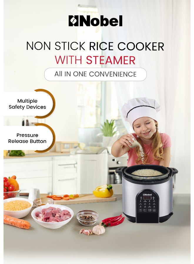 نوبل طباخ ضغط كهربائي نوبل 6 لتر، 1000 واط متعدد الوظائف | غطاء وغطاء من الفولاذ المقاوم للصدأ، وعاء من الألمنيوم غير لاصق، لوحة تحكم باللمس، ميزات أمان متعددة | 220-240 فولت - NPC650 - Image 2