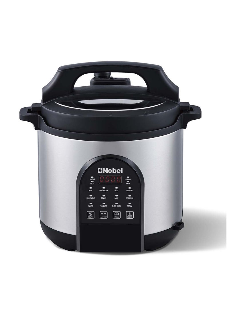 نوبل طباخ ضغط كهربائي نوبل 6 لتر، 1000 واط متعدد الوظائف | غطاء وغطاء من الفولاذ المقاوم للصدأ، وعاء من الألمنيوم غير لاصق، لوحة تحكم باللمس، ميزات أمان متعددة | 220-240 فولت - NPC650 - Image 1