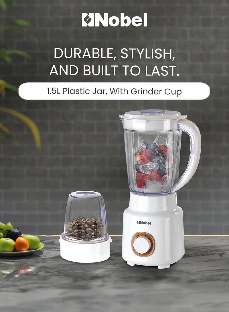 Nobel 2 in 1 Blender, 500W High-Efficiency Motor, 1.5L Plastic Jar with Grinder Cup, Stainless Steel Blade, 2 Speeds + Pulse Control, , Anti-Slip Feet Design - NB323 1.5 L 500 W NB323 white - Image 2