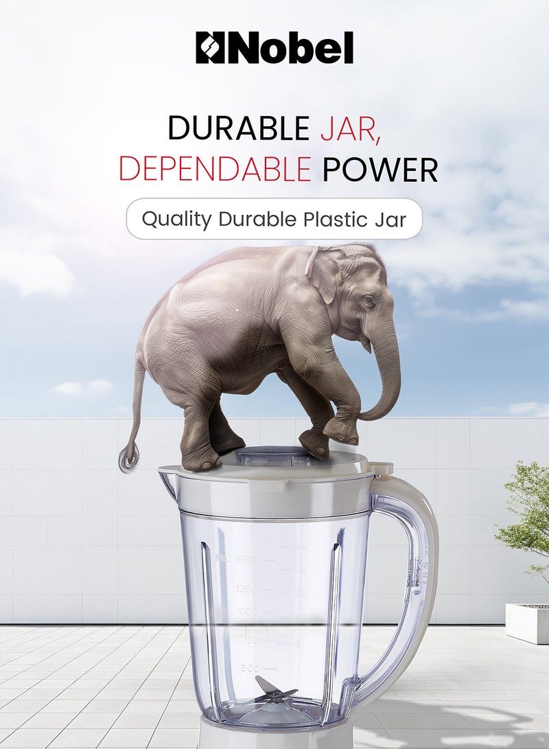 Nobel 2 in 1 Blender, 500W High-Efficiency Motor, 1.5L Plastic Jar with Grinder Cup, Stainless Steel Blade, 2 Speeds + Pulse Control, , Anti-Slip Feet Design - NB323 1.5 L 500 W NB323 white - Image 5