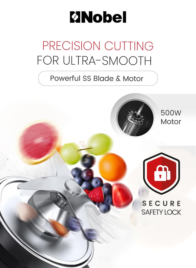 Nobel 2 in 1 Blender, 500W High-Efficiency Motor, 1.5L Plastic Jar with Grinder Cup, Stainless Steel Blade, 2 Speeds + Pulse Control, , Anti-Slip Feet Design - NB323 1.5 L 500 W NB323 white - Image 4
