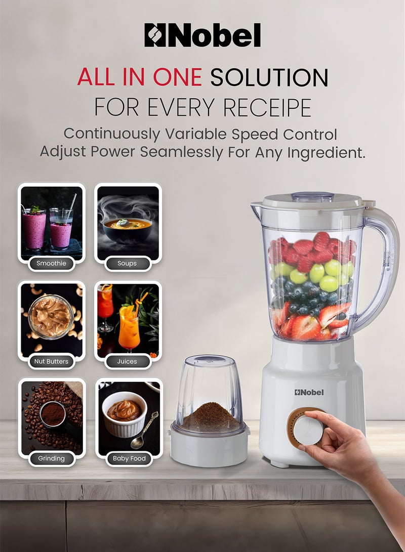 Nobel 2 in 1 Blender, 500W High-Efficiency Motor, 1.5L Plastic Jar with Grinder Cup, Stainless Steel Blade, 2 Speeds + Pulse Control, , Anti-Slip Feet Design - NB323 1.5 L 500 W NB323 white - Image 3