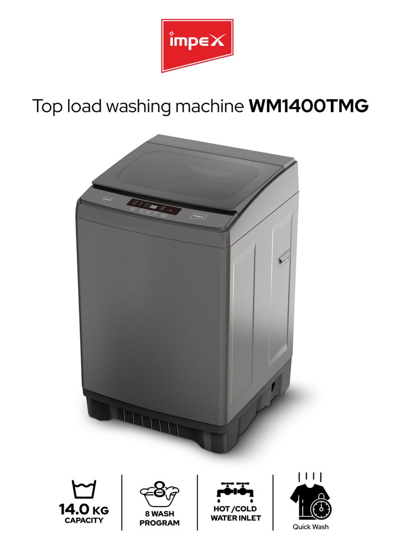 إمبكس غسالة ملابس أوتوماتيكية بالكامل سعة 14 كجم تحميل علوي | تنظيف الملابس والفساتين | سعة دوران 14 كجم | 8 برامج غسيل | نظام غسيل منطقي ضبابي | عمليات منخفضة الضوضاء | كفاءة في استهلاك الطاقة، قفل أمان، حماية من الرطوبة | WM1400TMG - - Image 1