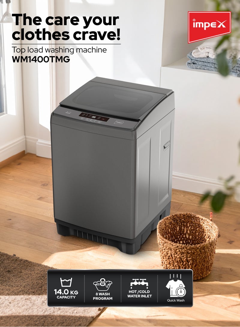 إمبكس غسالة ملابس أوتوماتيكية بالكامل سعة 14 كجم تحميل علوي | تنظيف الملابس والفساتين | سعة دوران 14 كجم | 8 برامج غسيل | نظام غسيل منطقي ضبابي | عمليات منخفضة الضوضاء | كفاءة في استهلاك الطاقة، قفل أمان، حماية من الرطوبة | WM1400TMG - - Image 2