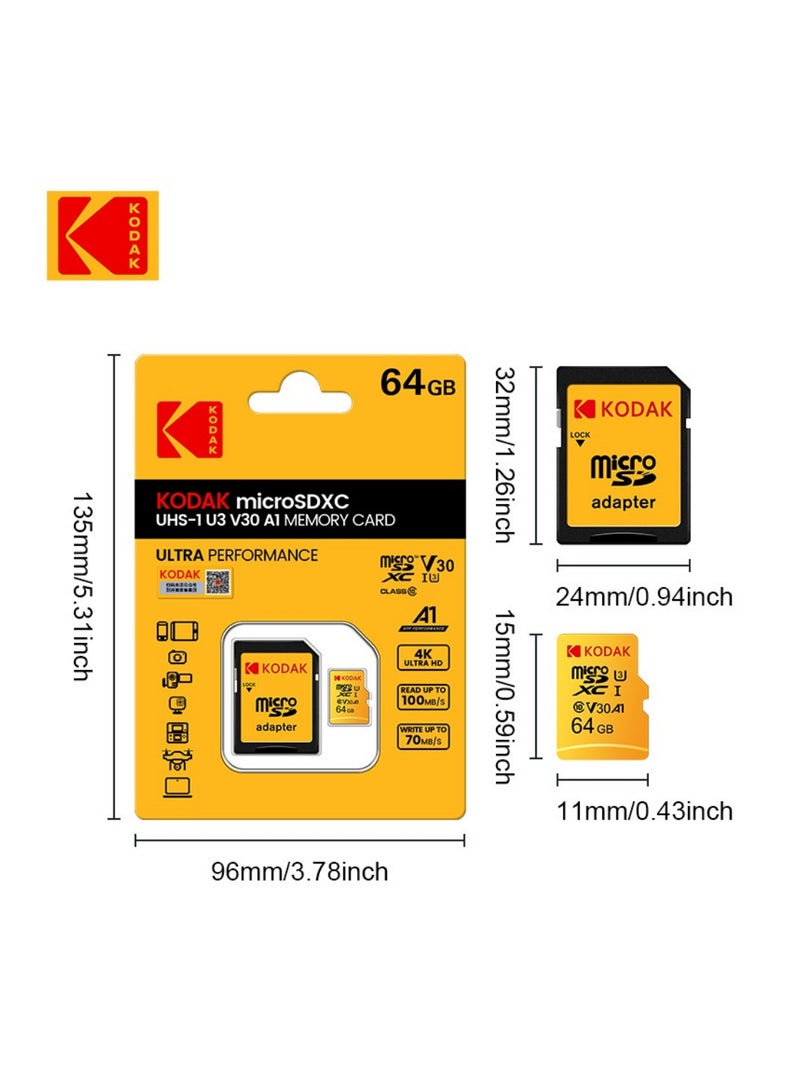 كوداك High-Speed TF Memory Card for Smartphones, Cameras, Dashcams, Surveillance Devices, MP3/MP4 | Class 10 | U3 | V30 | A1 | 4K Ultra HD | High-Speed Read/Write | Durable And Stable - 64 GB - Image 1
