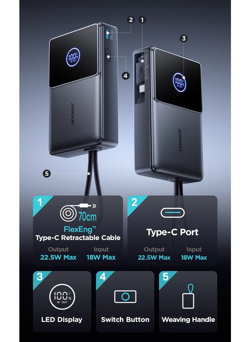 JOYROOM 10000 mAh JR-PR1 22.5W Elva Series Mini Power Bank With Built-in Retractable Cable - 10000mAh Black - Image 5