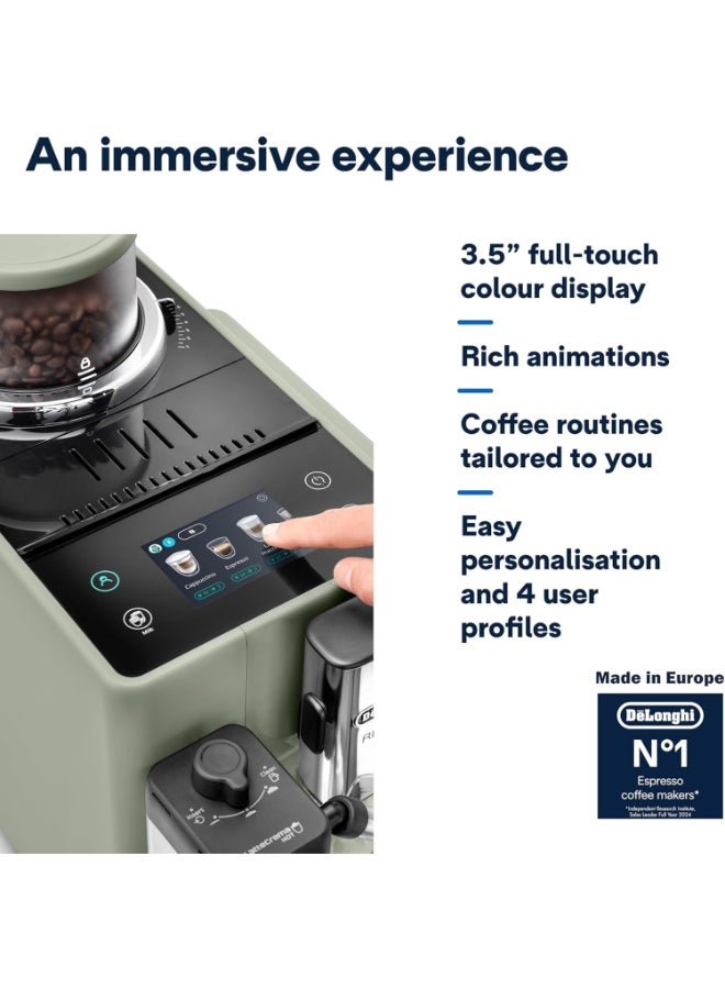 ديلونجي Rivelia Fully Automatic Coffee Machine with LatteCrema Hot, Automatic Milk Frother, Compact Size Bean to Cup Coffee Machine, 16 Recipes, Full Touch Colored Display 2.2 L 1450 W EXAM441.55.GR Green - Image 5