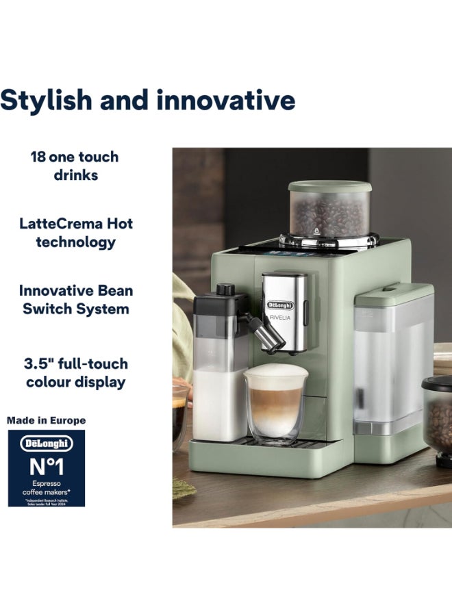 ديلونجي Rivelia Fully Automatic Coffee Machine with LatteCrema Hot, Automatic Milk Frother, Compact Size Bean to Cup Coffee Machine, 16 Recipes, Full Touch Colored Display 2.2 L 1450 W EXAM441.55.GR Green - Image 3