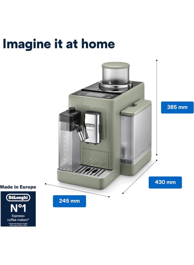 ديلونجي Rivelia Fully Automatic Coffee Machine with LatteCrema Hot, Automatic Milk Frother, Compact Size Bean to Cup Coffee Machine, 16 Recipes, Full Touch Colored Display 2.2 L 1450 W EXAM441.55.GR Green - Image 2