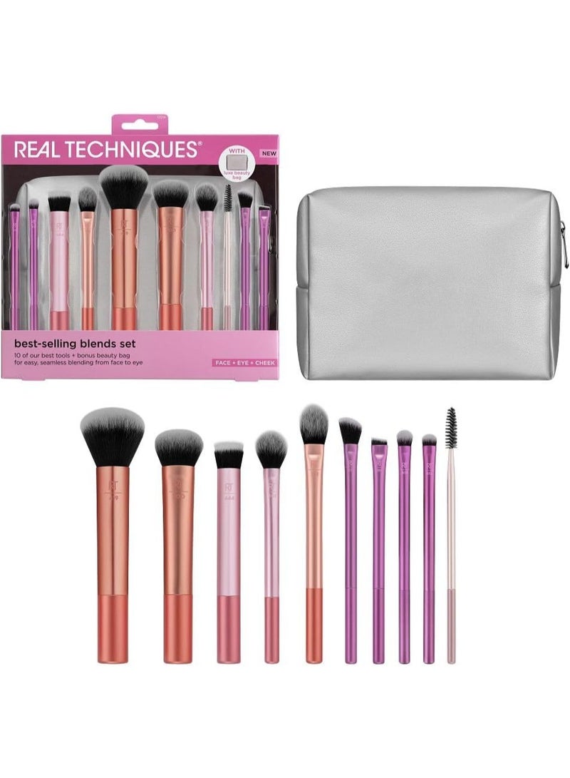 Real Techniques Best-Selling Blends Brush Set with Cosmetic Bag 10 Pcs Set Pink - Image 3