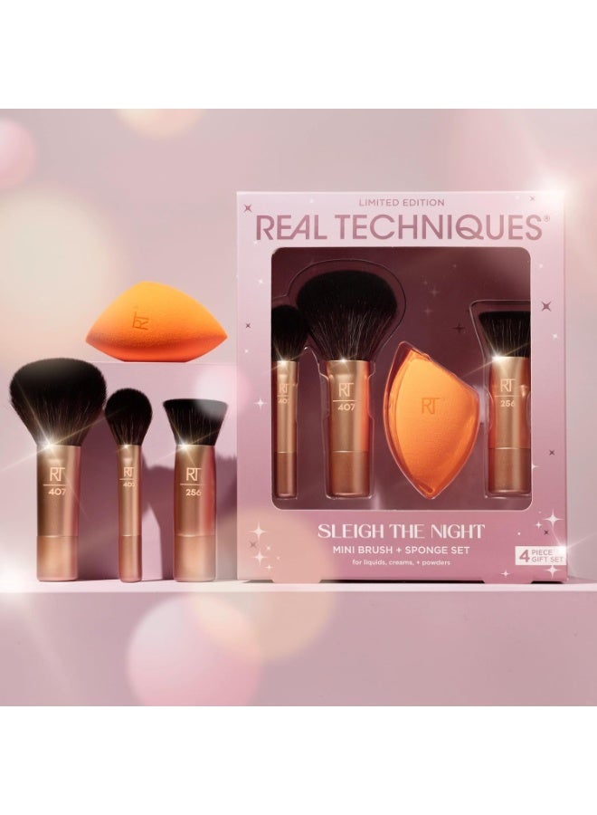 Real Techniques Sleigh The Night Mini Brush + Sponge 4 Piece Holiday Gift Set, Small Makeup Brushes For Travel, Makeup Sponge For Foundation & Concealer, Stocking Stuffer, Limited Edition, Latex-Free Gold - Image 3