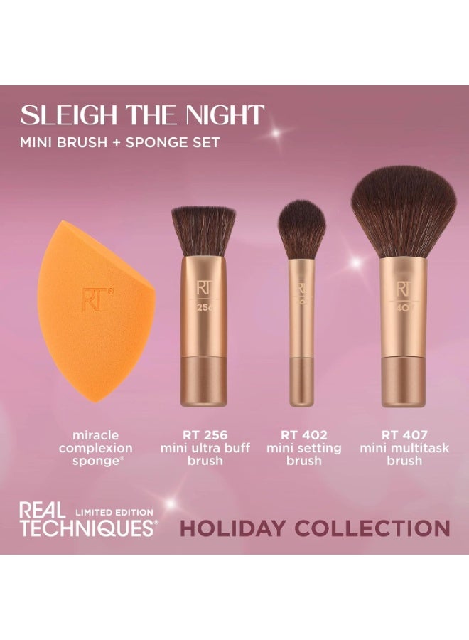 Real Techniques Sleigh The Night Mini Brush + Sponge 4 Piece Holiday Gift Set, Small Makeup Brushes For Travel, Makeup Sponge For Foundation & Concealer, Stocking Stuffer, Limited Edition, Latex-Free Gold - Image 4