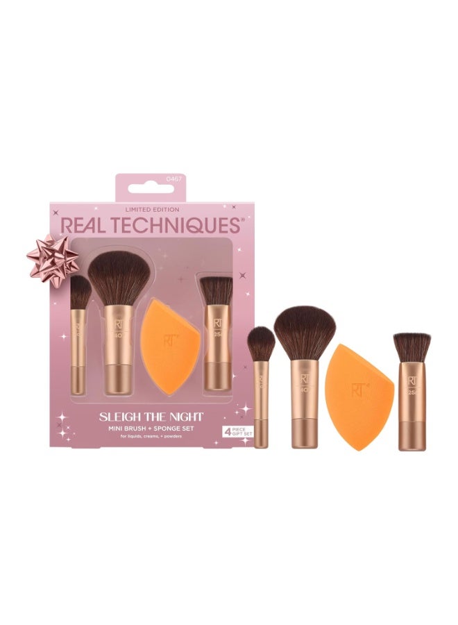 Real Techniques Sleigh The Night Mini Brush + Sponge 4 Piece Holiday Gift Set, Small Makeup Brushes For Travel, Makeup Sponge For Foundation & Concealer, Stocking Stuffer, Limited Edition, Latex-Free Gold - Image 1