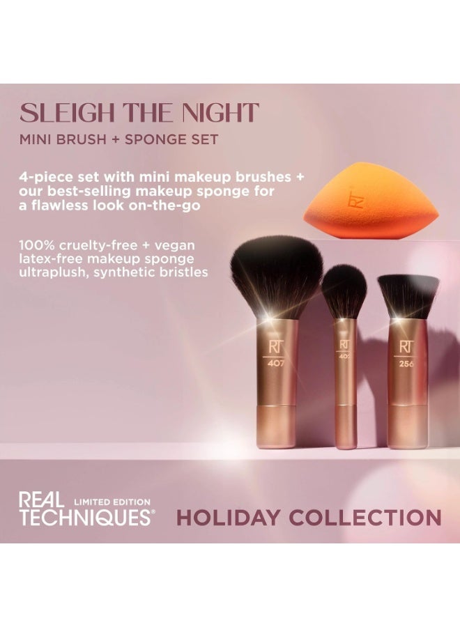 Real Techniques Sleigh The Night Mini Brush + Sponge 4 Piece Holiday Gift Set, Small Makeup Brushes For Travel, Makeup Sponge For Foundation & Concealer, Stocking Stuffer, Limited Edition, Latex-Free Gold - Image 2