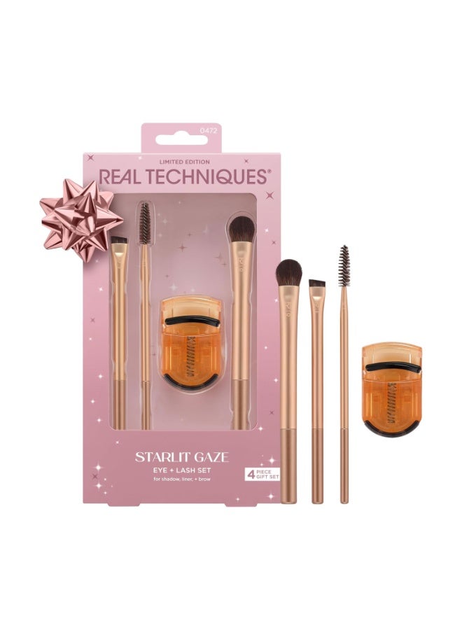 Real Techniques Starlit Gaze Eye + Lash 4 Piece Holiday Gift Set, Eye Makeup Brush Set For Eyeshadow & Brow Products, Mini Eyelash Curler For Travel, Stocking Stuffer, Limited Edition, Cruelty-Free Gold - Image 1