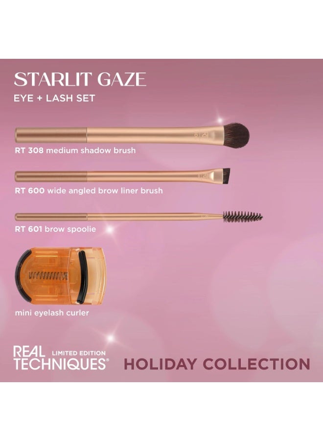 Real Techniques Starlit Gaze Eye + Lash 4 Piece Holiday Gift Set, Eye Makeup Brush Set For Eyeshadow & Brow Products, Mini Eyelash Curler For Travel, Stocking Stuffer, Limited Edition, Cruelty-Free Gold - Image 2