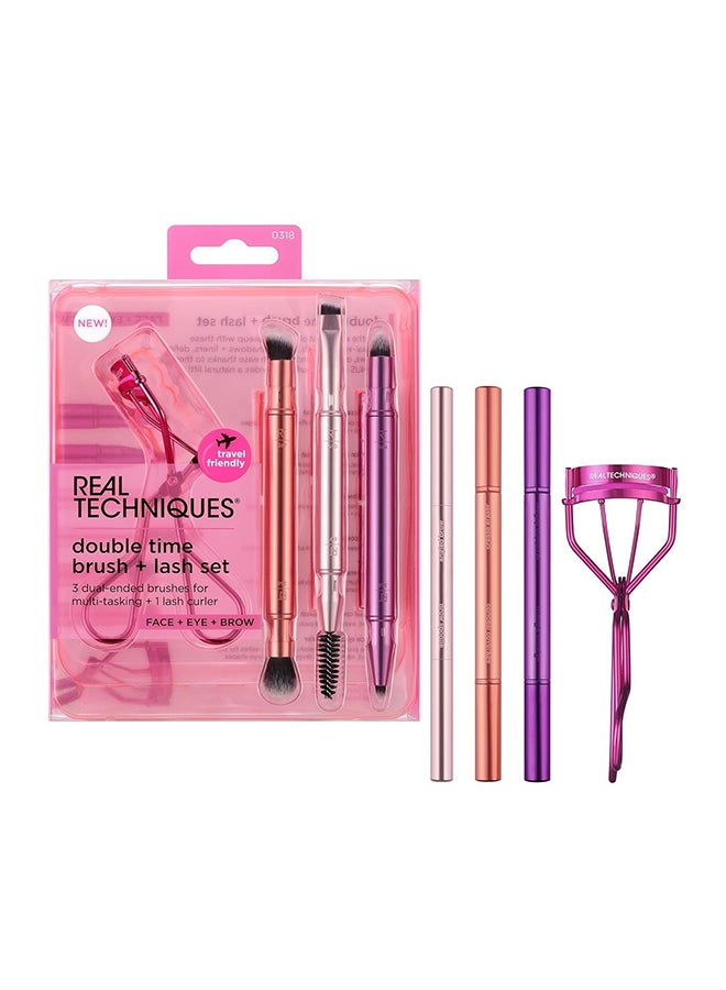 Real Techniques Double Time Brush + Lash 4 Piece Set, Dual-Ended Eye Makeup Brushes For Eyeshadow & Brows, Travel-Friendly Brush Caps For Storage, Eyelash Curler Included, Cruelty-Free pink - Image 1