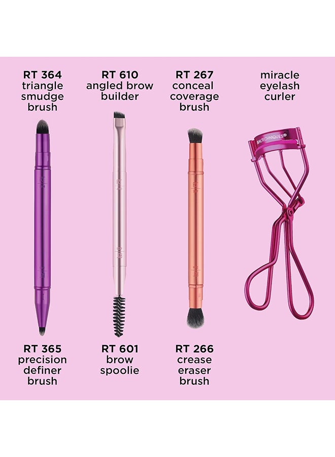 Real Techniques Double Time Brush + Lash 4 Piece Set, Dual-Ended Eye Makeup Brushes For Eyeshadow & Brows, Travel-Friendly Brush Caps For Storage, Eyelash Curler Included, Cruelty-Free pink - Image 3