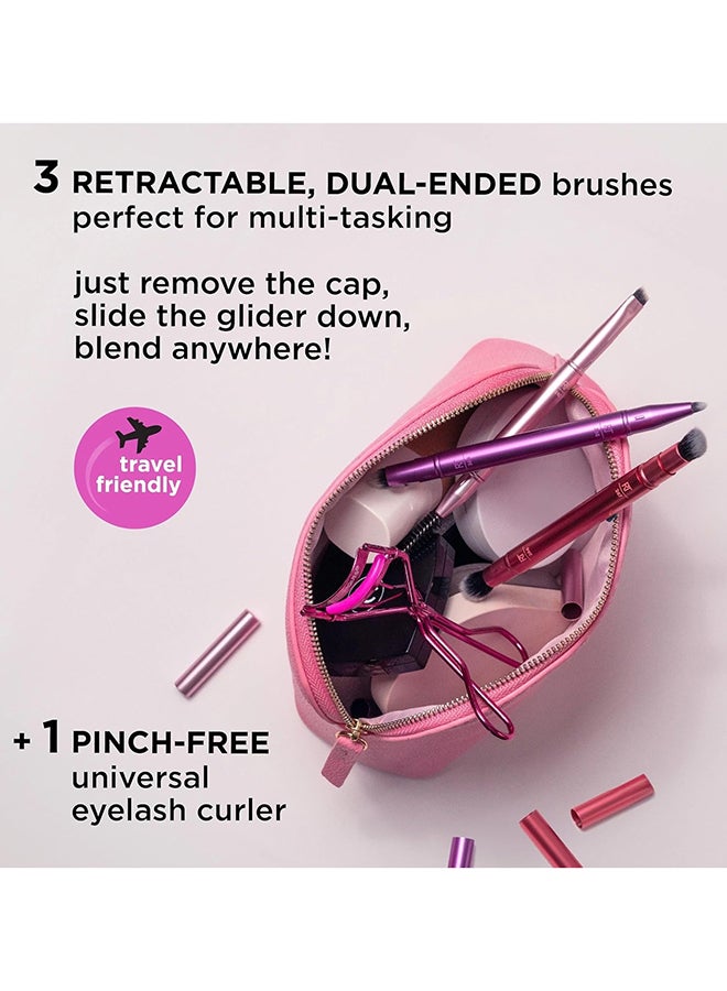 Real Techniques Double Time Brush + Lash 4 Piece Set, Dual-Ended Eye Makeup Brushes For Eyeshadow & Brows, Travel-Friendly Brush Caps For Storage, Eyelash Curler Included, Cruelty-Free pink - Image 4