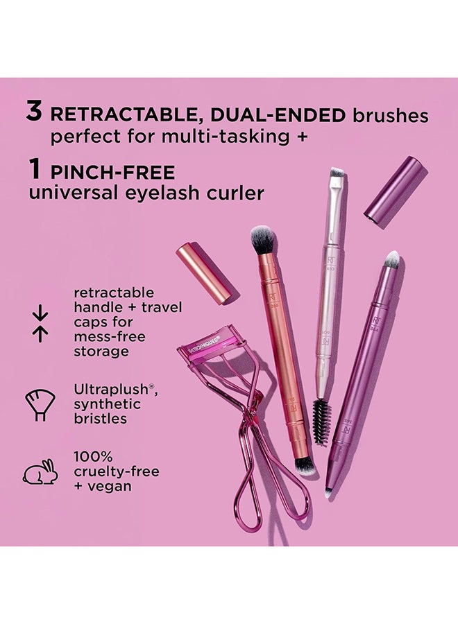 Real Techniques Double Time Brush + Lash 4 Piece Set, Dual-Ended Eye Makeup Brushes For Eyeshadow & Brows, Travel-Friendly Brush Caps For Storage, Eyelash Curler Included, Cruelty-Free pink - Image 2