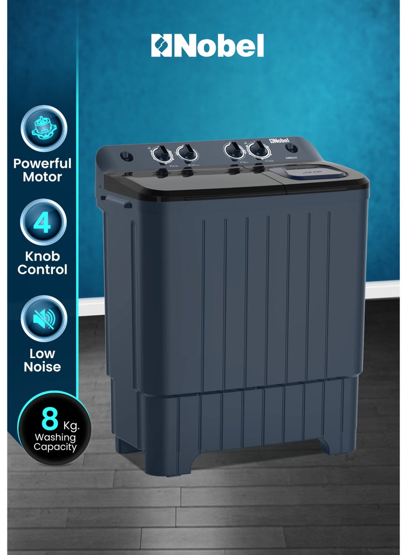 نوبل غسالة ملابس شبه أوتوماتيكية، حوضين، سعة غسيل 8 كجم وسعة عصر 5.5 كجم، 4 أزرار تحكم، مؤقت غسيل 15 دقيقة، تصنيف مقاومة الماء IPX4، فلتر ذكي، قاعدة حماية من الفئران (ضمان سنة واحدة) - Image 1