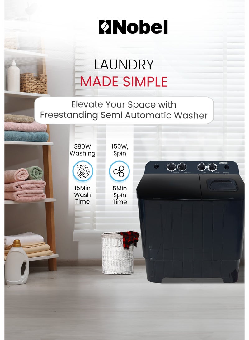 نوبل غسالة ملابس شبه أوتوماتيكية، حوضين، سعة غسيل 8 كجم وسعة عصر 5.5 كجم، 4 أزرار تحكم، مؤقت غسيل 15 دقيقة، تصنيف مقاومة الماء IPX4، فلتر ذكي، قاعدة حماية من الفئران (ضمان سنة واحدة) - Image 5