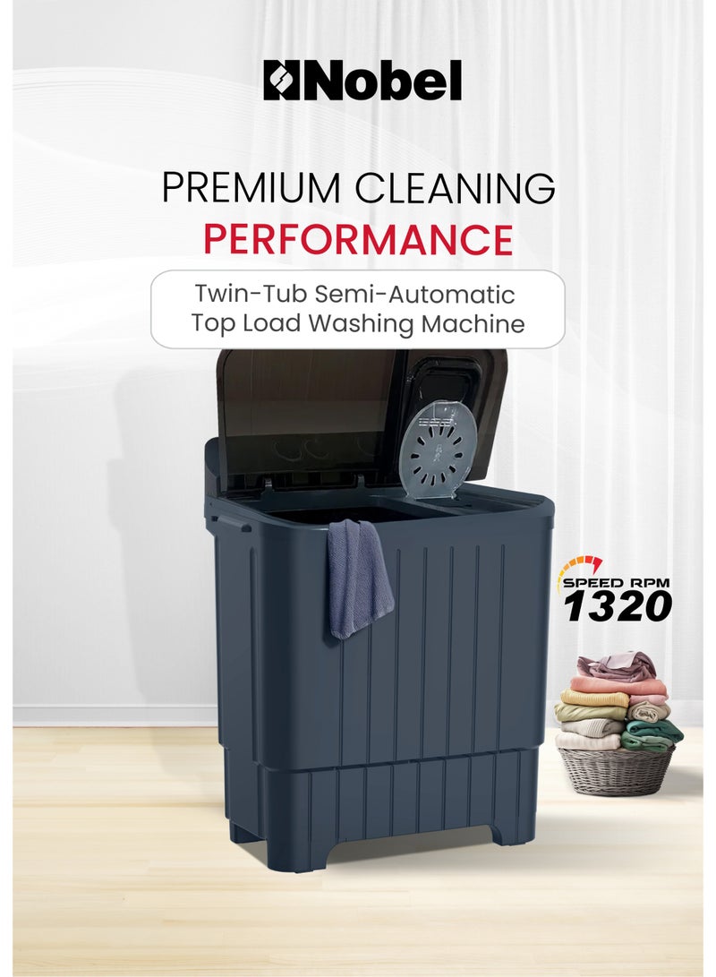 نوبل غسالة ملابس شبه أوتوماتيكية، حوضين، سعة غسيل 8 كجم وسعة عصر 5.5 كجم، 4 أزرار تحكم، مؤقت غسيل 15 دقيقة، تصنيف مقاومة الماء IPX4، فلتر ذكي، قاعدة حماية من الفئران (ضمان سنة واحدة) - Image 2